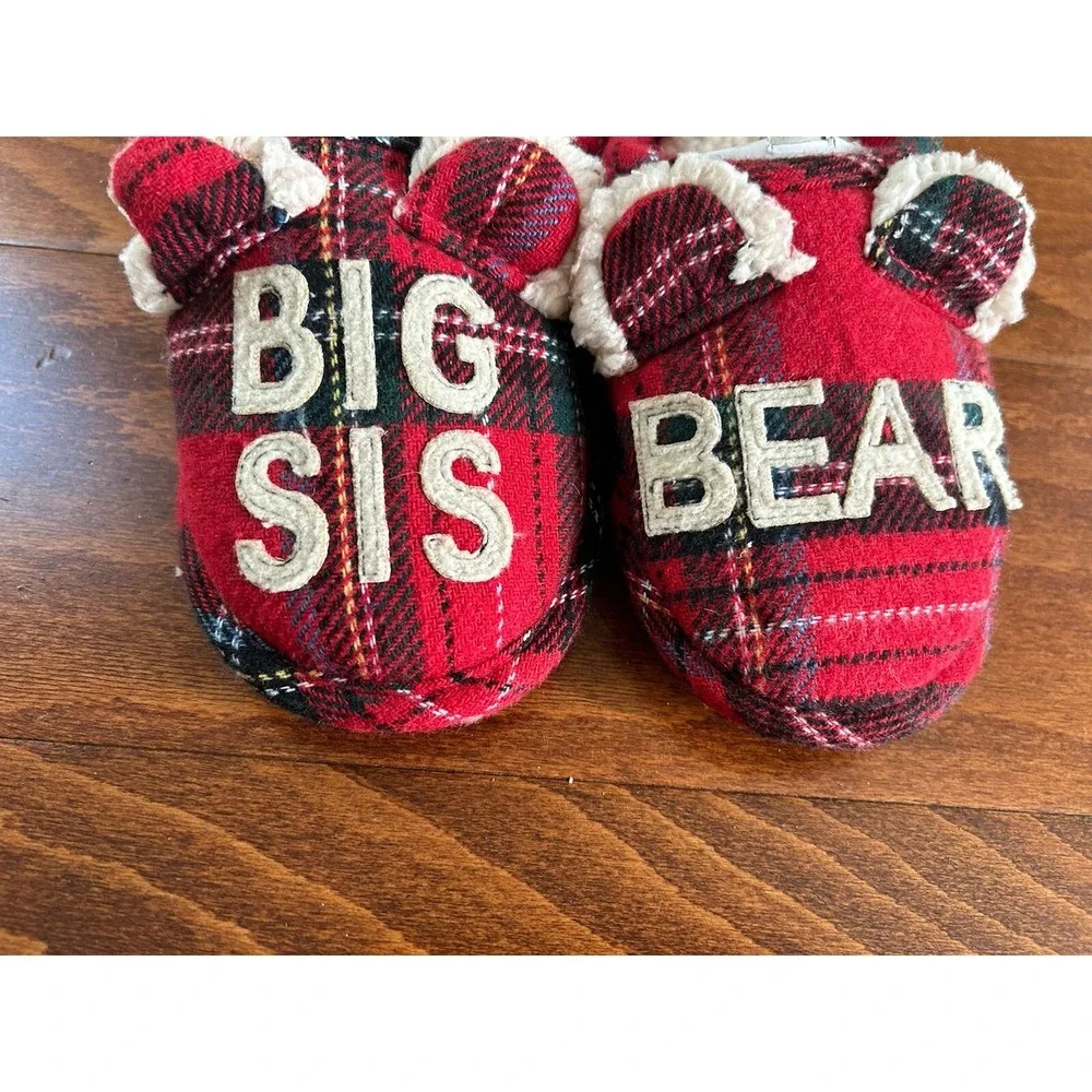 Dearfoams Kids Toddler Little Kids Big Sis Bear Plaid Red Slippers NEW 13-1 US